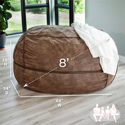 Big Joe Fuf 8Ft Giant Foam Bean Bag Chair, Oversized Couch with Removable Cover for Kids, Teens, Adults, Coffee Soft Vegan Leather, 8 Foot
