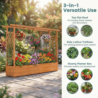 HAPPYGRILL Raised Garden Bed with Trellis, 2 Pack Freestanding Wood Planter Box w/Hanging Roof & 8 Drainage Holes for Vine Climbing Plants Flowers, Outdoor Planter with Trellis for Garden Patio Yard