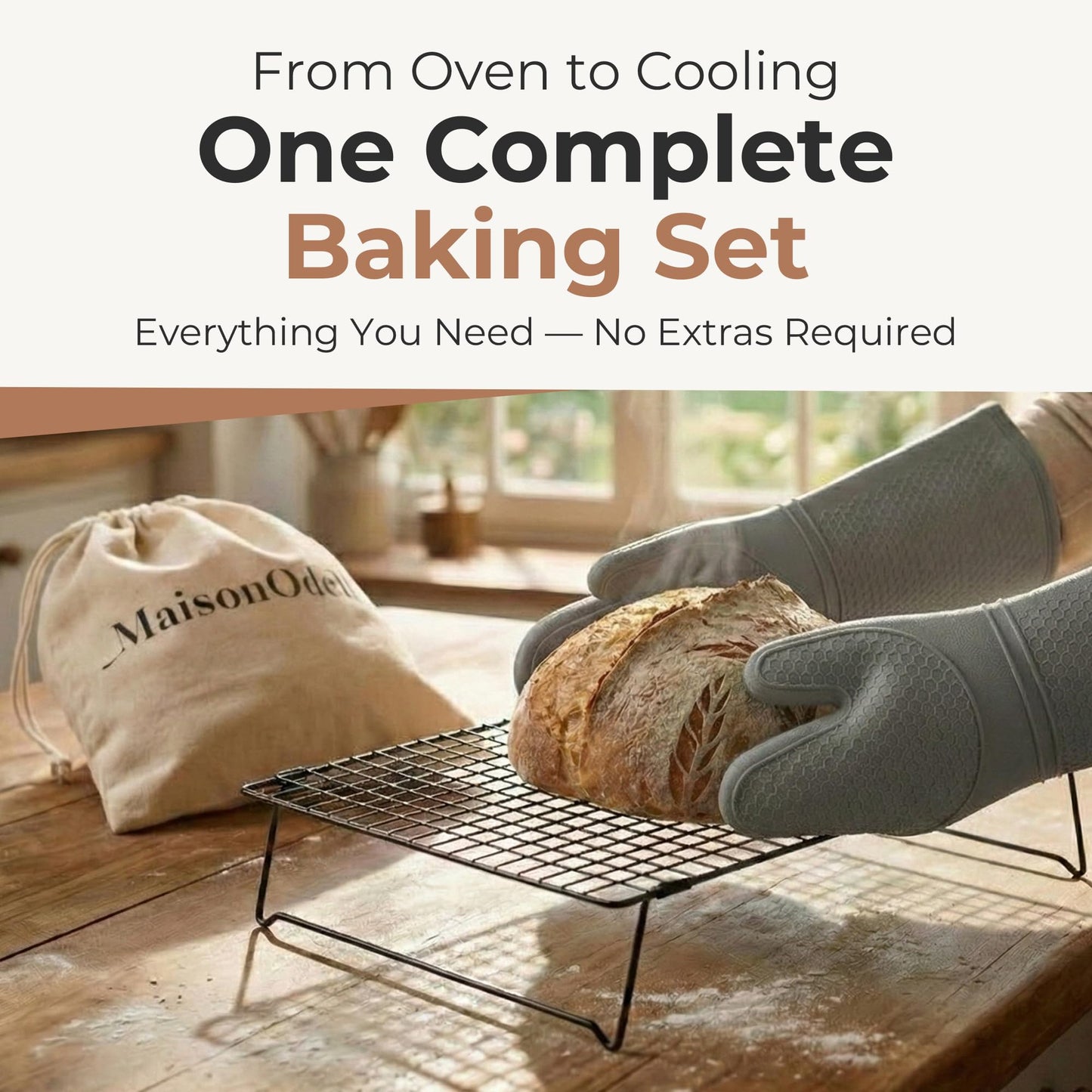 MaisonOdell Sourdough Cooling & Storage Set – Bread Cooling Rack (17×11×3), Linen Bread Bag (15×12), Heat-Resistant Oven Mitts – Complete Bread Cooling & Storage Solution