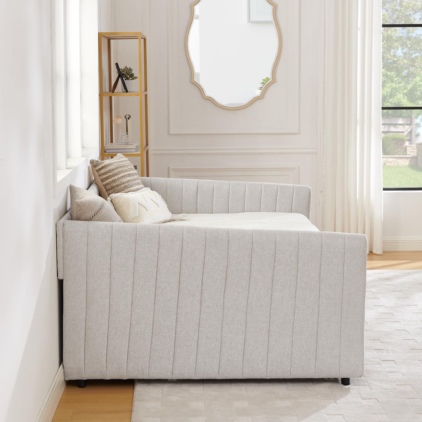 Ball & Cast Full Size Daybed with Pop up Trundle,Linen Upholstered Day Bed Frame with Channel Tufted Backrest & Armrest,Extendable Trundle Bed,Full to King Design,Easy Assembly,Black