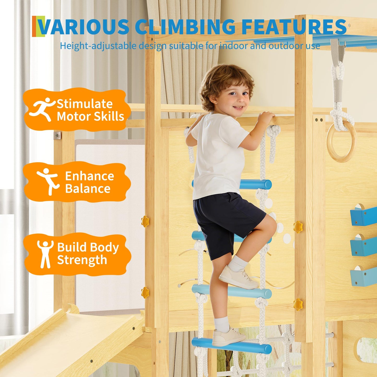 Garvee 9-in-1 Indoor Jungle Gym, Montessori Wooden Indoor Playground for Kids 2-8, Wooden Climbing Structure with Slide, Monkey Bars, Rope Ladder, Rock Wall, Climbing Net, Rings - Natural Wood Blue