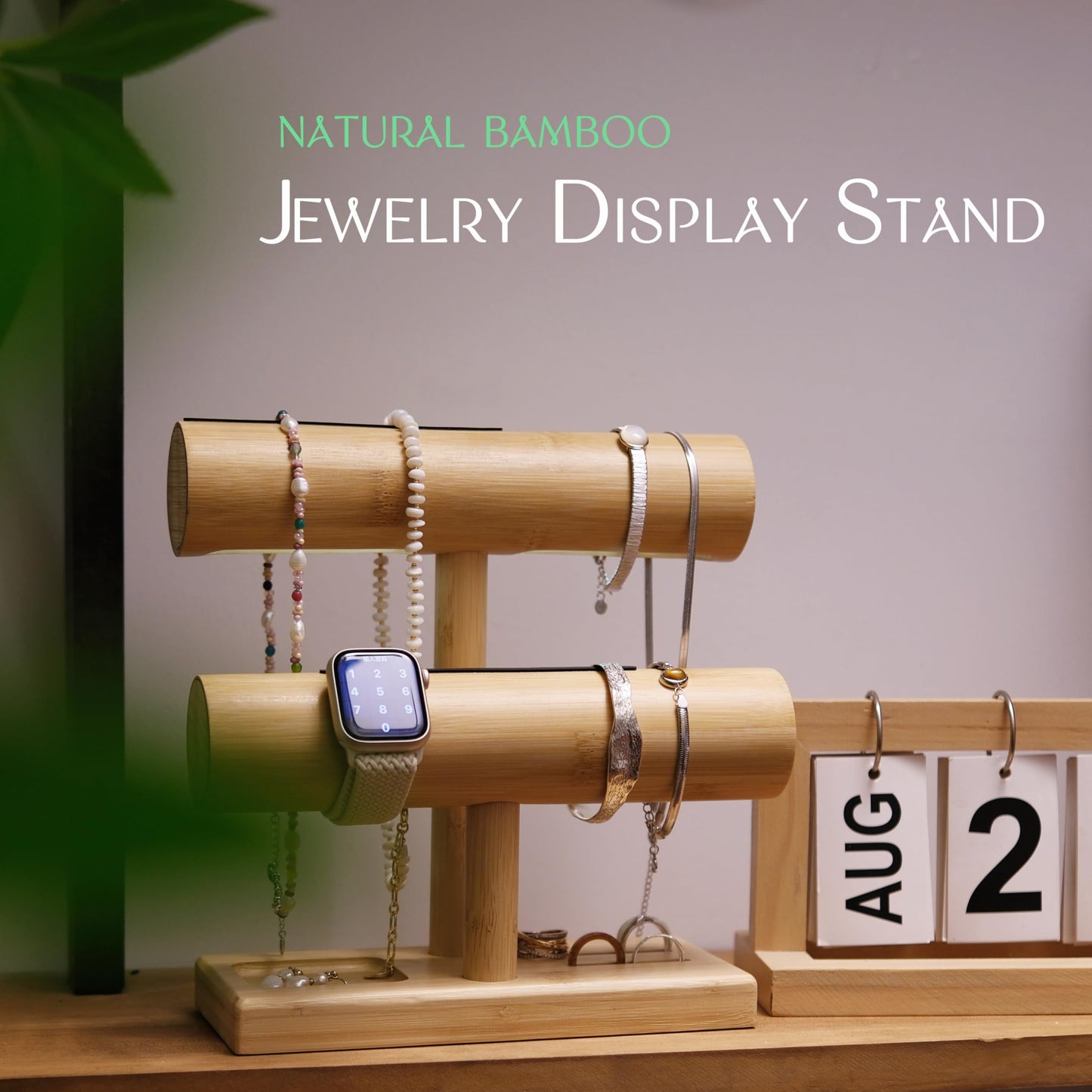 LED Bamboo Jewelry Organizer Stand - Bracelet Holder, Jewelry Organizers and Storage for Necklace, Watch, Earring, Ring - Built-in LED Light Natural Wooden Jewelry Display Stand for Dresser Decor