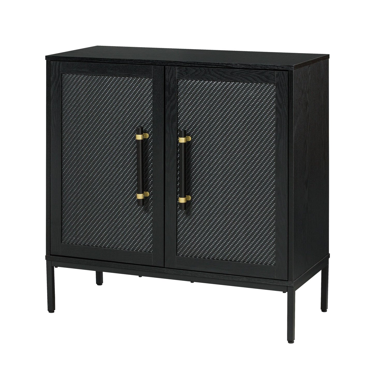 Hopper Studio Sophia 2-Door Accent Cabinet, Black Finish with Rattan Doors & Wood/Brass Handles, Adjustable Shelf, Aluminum Legs, Mid-Century Modern Storage for Luxury Living Room, Kitchen, Entryway