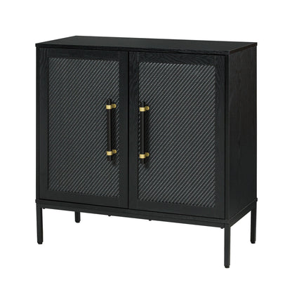 Hopper Studio Sophia 2-Door Accent Cabinet, Black Finish with Rattan Doors & Wood/Brass Handles, Adjustable Shelf, Aluminum Legs, Mid-Century Modern Storage for Luxury Living Room, Kitchen, Entryway