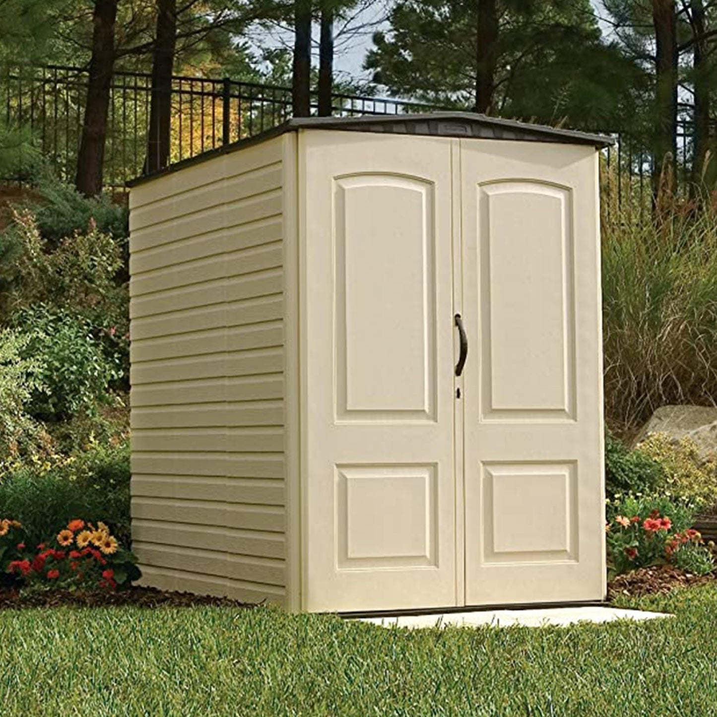 Rubbermaid Large Vertical Resin Outdoor Storage Shed With Floor (6.2 x 4.6 Ft), Weather Resistant, Beige/Brown, Organization for Home/Backyard/Garden Tools/Lawn Mower/Bike Storage/Pool Supplies