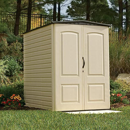 Rubbermaid Large Vertical Resin Outdoor Storage Shed With Floor (6.2 x 4.6 Ft), Weather Resistant, Beige/Brown, Organization for Home/Backyard/Garden Tools/Lawn Mower/Bike Storage/Pool Supplies