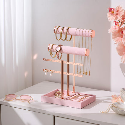 bussdis 3 Tier Bracelet Holder Display - Detachable T Bar Pink Velvet Bracelet Holder, Jewelry Holder Organizer for Bracelet, Necklace, Earrings, Rings