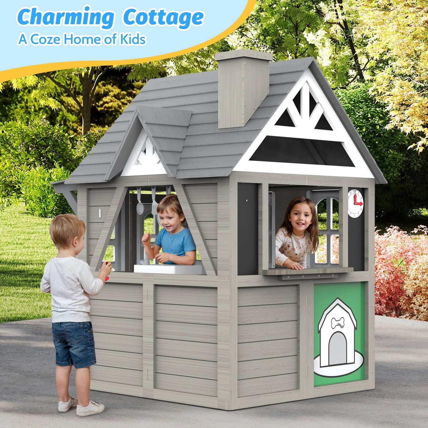 BTMWAY Kids Outdoor Playhouse,Cedar Gray Wooden Play House for Kids Ages 3-8, with Play Kitchen, Interactive Doorbell, Toy Phone, Sink, Flowerpot
