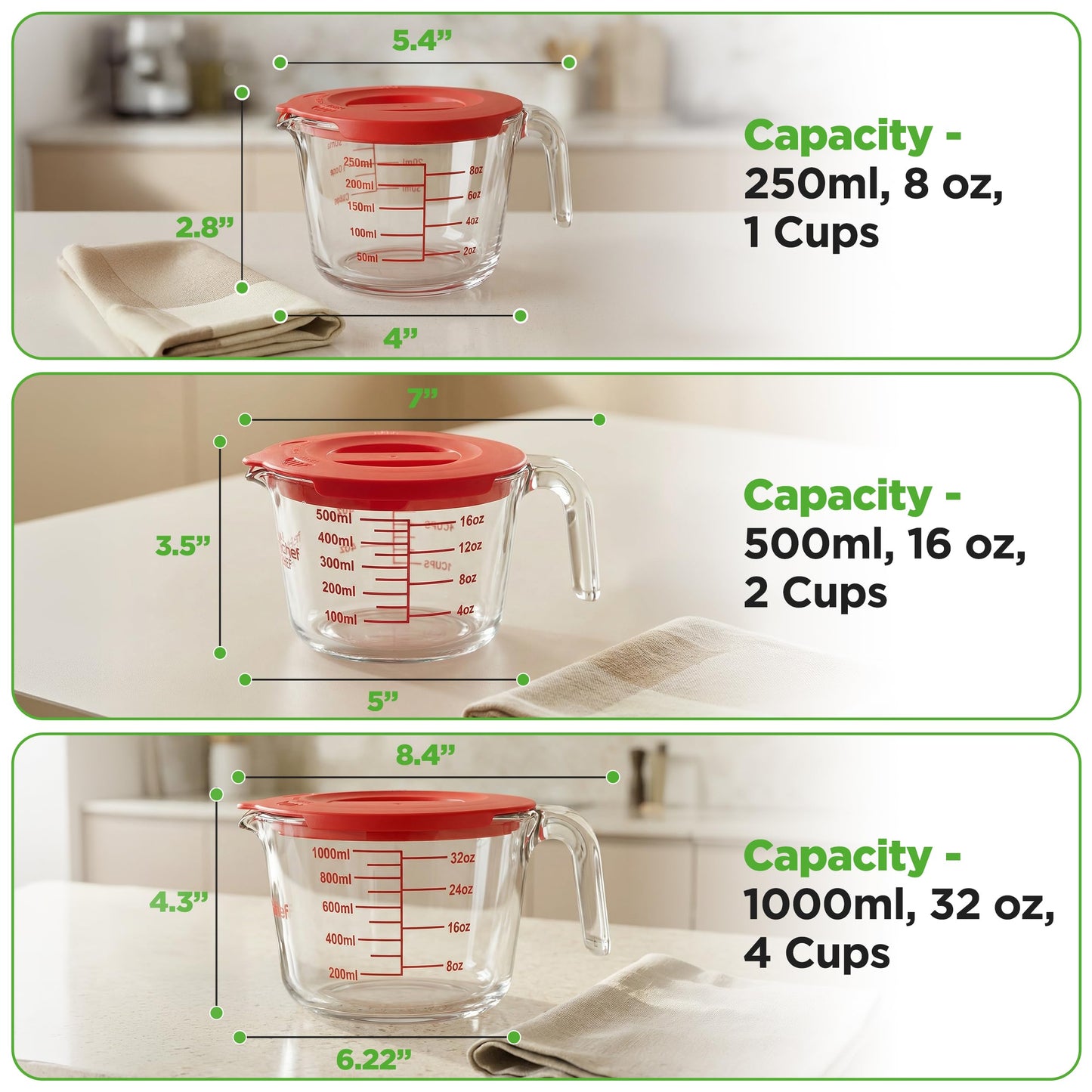 NutriChef 1,2 and 4 Cups Glass Measuring Cup Set with Lids (8, 17 and 34 oz) - Heat-Resistant Borosilicate Liquid Measure Cups with Easy-Read Scale for Cooking, Baking & Food Storage, Dishwasher Safe