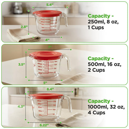 NutriChef 1,2 and 4 Cups Glass Measuring Cup Set with Lids (8, 17 and 34 oz) - Heat-Resistant Borosilicate Liquid Measure Cups with Easy-Read Scale for Cooking, Baking & Food Storage, Dishwasher Safe