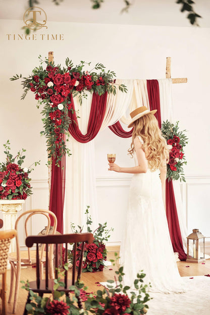 TINGE TIME Wedding Arch Flowers Kit - Deluxe 5pcs Artificial Floral Swag with 3 Sheer Drapes, Realistic Silk Flower Arrangements for Wedding Ceremony Arbor Backdrop Reception Party Home Decor