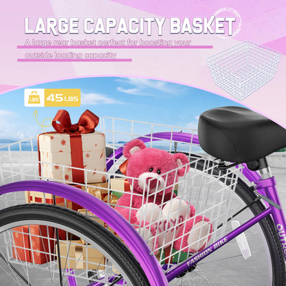 MarKnig 1 Speed Adult Tricycle, 3 Wheel Bikes with Large Basket, Cruiser Bike for Women/Men/Seniors, Adult Trike for Outdoor/Shopping/Recreation/Picnic(24Inch Purple)