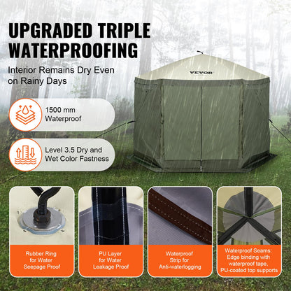 VEVOR Pop Up Gazebo Screen Tent 6 Sided Canopy Sun Shelter with 6 Removable Privacy Wind Cloths & Mesh Windows, 10x10FT Quick Set Screen Tent with Mosquito Netting, Army Green