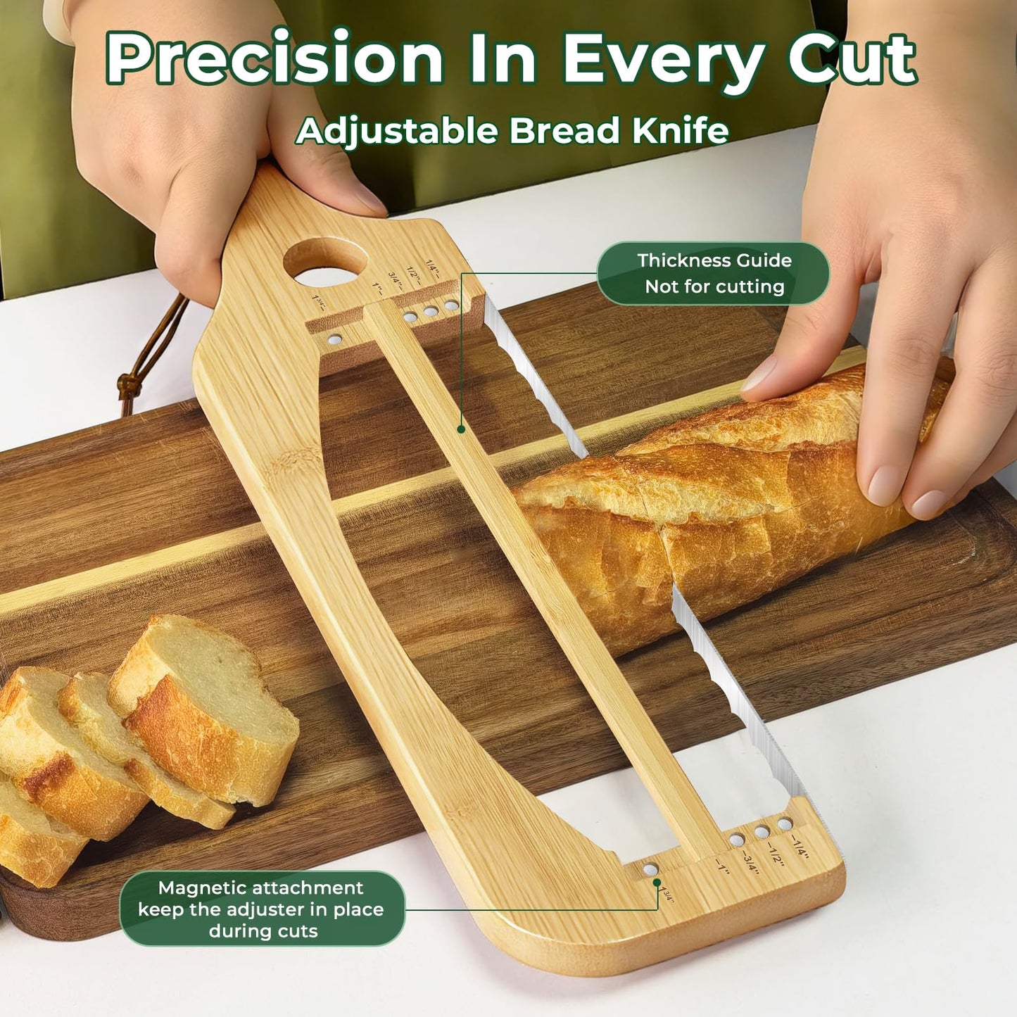 Adjustable Bread Slicer for Homemade Bread, 16.5'' Sourdough Bread Knife with Magnetic Adjustment Mechanism 5 Thickness Guides, Stainless Steel Serrated Bread Cutter for Bagels, Baguettes and More
