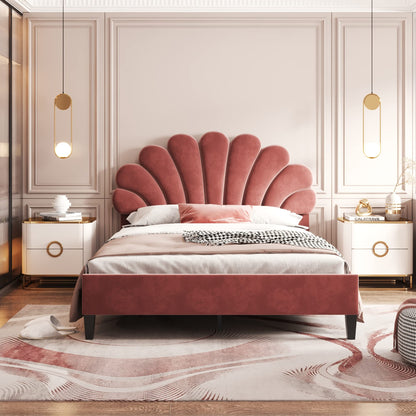 Merax Full Size Upholstered Platform Bed Wooden Frame with Flower Pattern Velvet Headboard for Bedroom,Boys Girls,Bean Paste Red