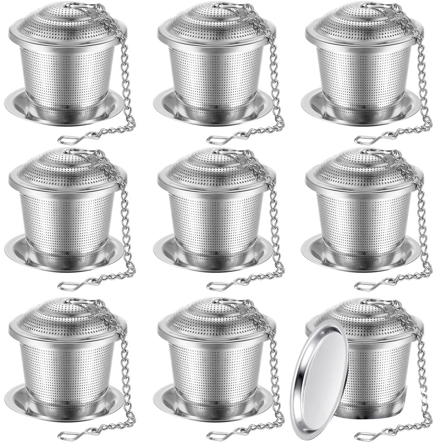 Zopeal 9 Pcs Tea Infuser Stainless Steel Strainer with Extended Chain Hook and Saucer Loose Leaf Steeper Fine Mesh Ball Tea Filter for Brew Spices Seasonings Fits Cup Mug Bottle (Medium)