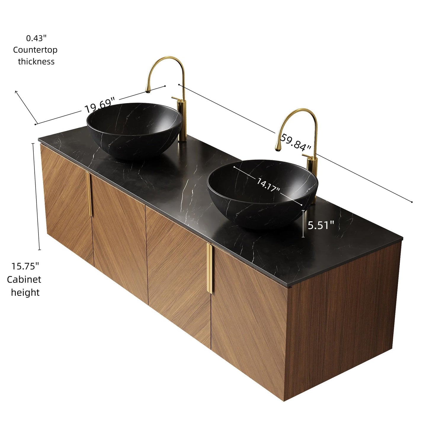 KEIKI 60 Inch Floating Bathroom Vanity with Sink, Modern Wall Mounted Storage Cabinet with 2 Soft Close Doors, Sintered Stone Top & Ceramic Basin Combo Set, Brown Oak & Black