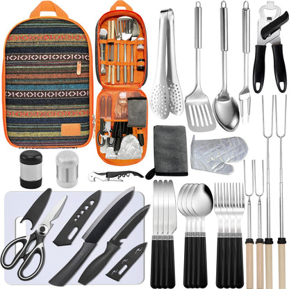 Camping Cooking Set- 31 Pcs Camping Utensils Camping Essentials Camping Gear for Camp Kitchen Cooking and Grilling, Portable Outdoor Cooking Travel Set for RV Tent Camper, BBQs, Camping Accessories