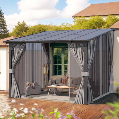 AECOJOY 10’ x 10’ Gazebo, Wall Mounted Gazebos Pergola with Curtains and Mosquito Netting, Enhanced Protective Outdoor Patio Lean to Gazebo Awnings for Deck, Porch, Backyard and Outside