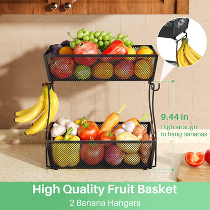 2 Tier Fruit Basket Bowl for Kitchen Counter with 2 Banana Hangers, Countertop Metal Mesh Basket Stand Fruit Holder for Veggies Onion Potato Bread Snack, Black