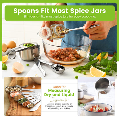 Spring Chef Stainless Steel Measuring Cups and Spoons Set of 14 with Leveler, Nesting Kitchen Metal Measuring Cups and Spoons Set for Dry and Liquid Ingredients, Perfect for Cooking & Baking