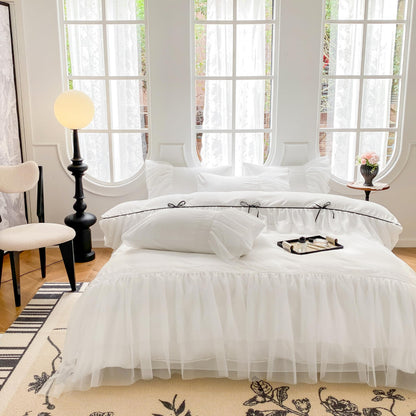 SOUKECHY White Lace Ruffled Queen Duvet Cover Set, Bow Duvet Cover,Chic Kids Bedding,100% Polyester,Lightweight Duvet Cover Set with Zipper Closure for Girls