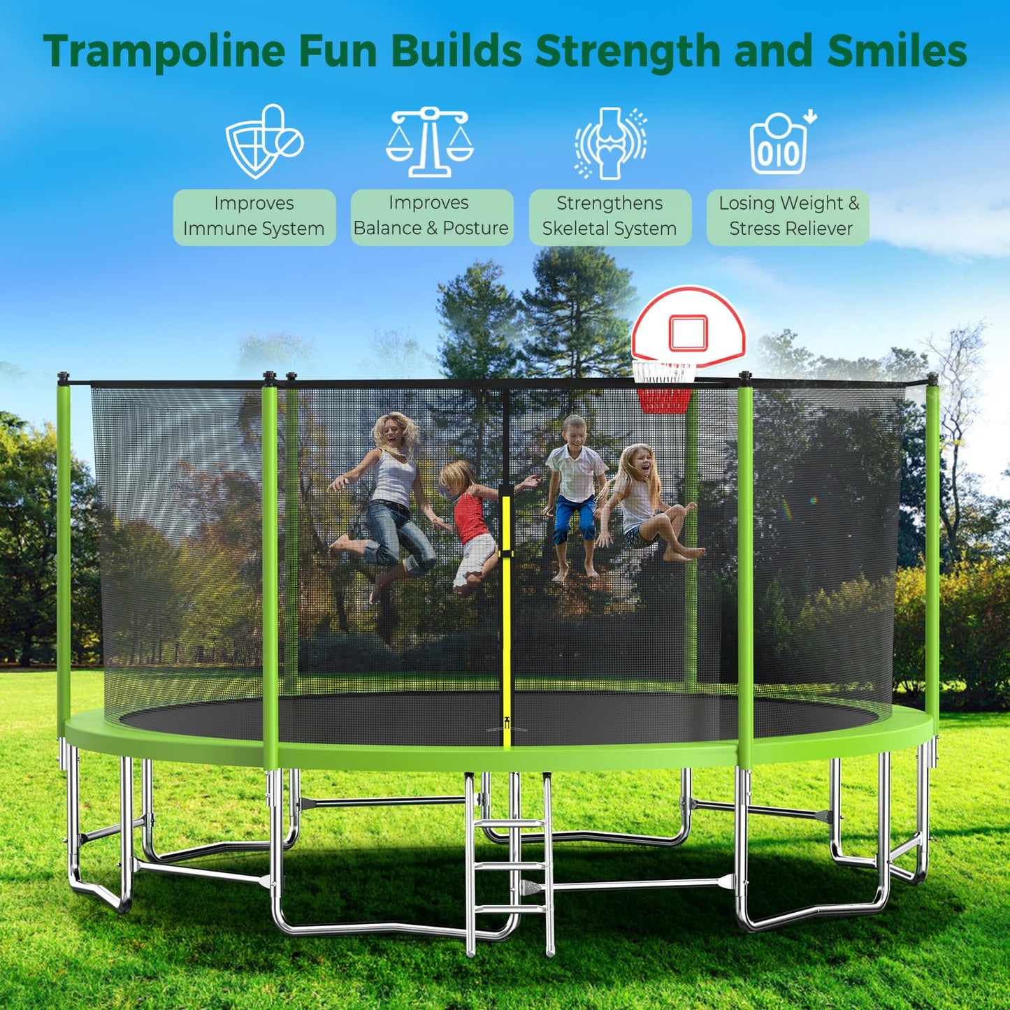 Tatub Upgrade 16FT Trampoline for Kids and Adults, Outdoor Recreational Trampolines with Basketball Hoop & Enclosure Net, Green