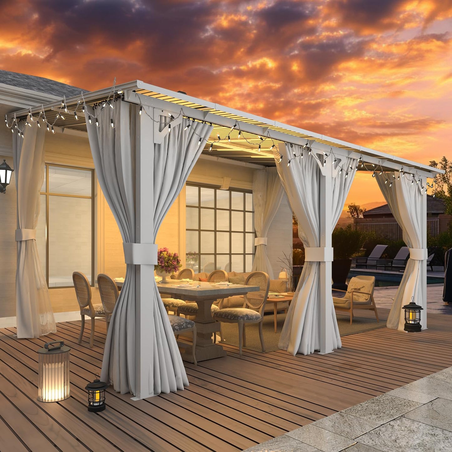 AECOJOY 14'x10' Outdoor Lean to Gazebo with Curtains and Mosquito Netting for Patio, Hard Top Wall Mounted Pergolas and Gazebos Clearance, Large Heavy Duty Metal Awnings for Decks in White
