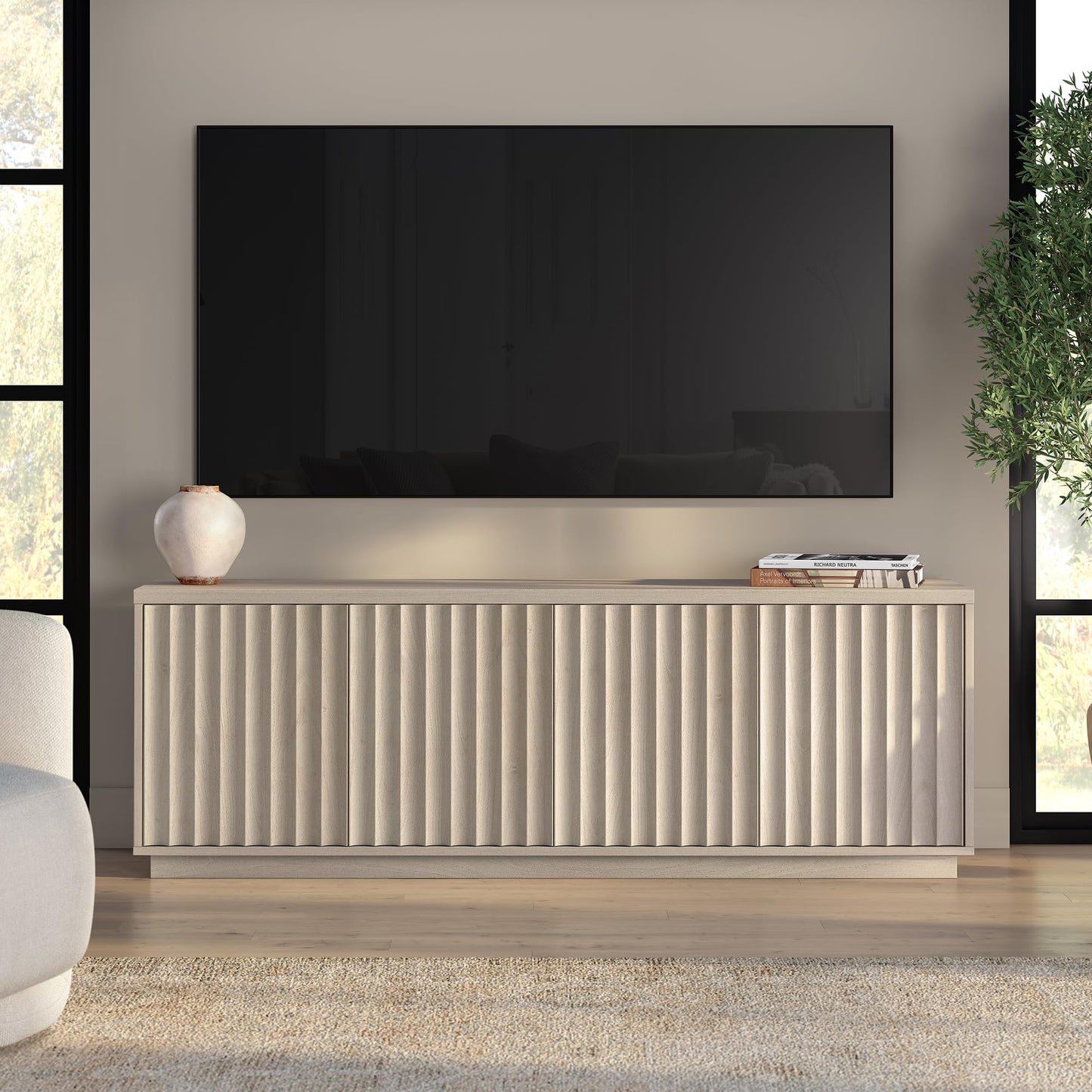 Henn&Hart Fluted TV Stand for TVs up to 75'' 2 Ribbed Storage Cabinets and Adjustable Shelves for Living Room, Family Room, or Office, Alder White