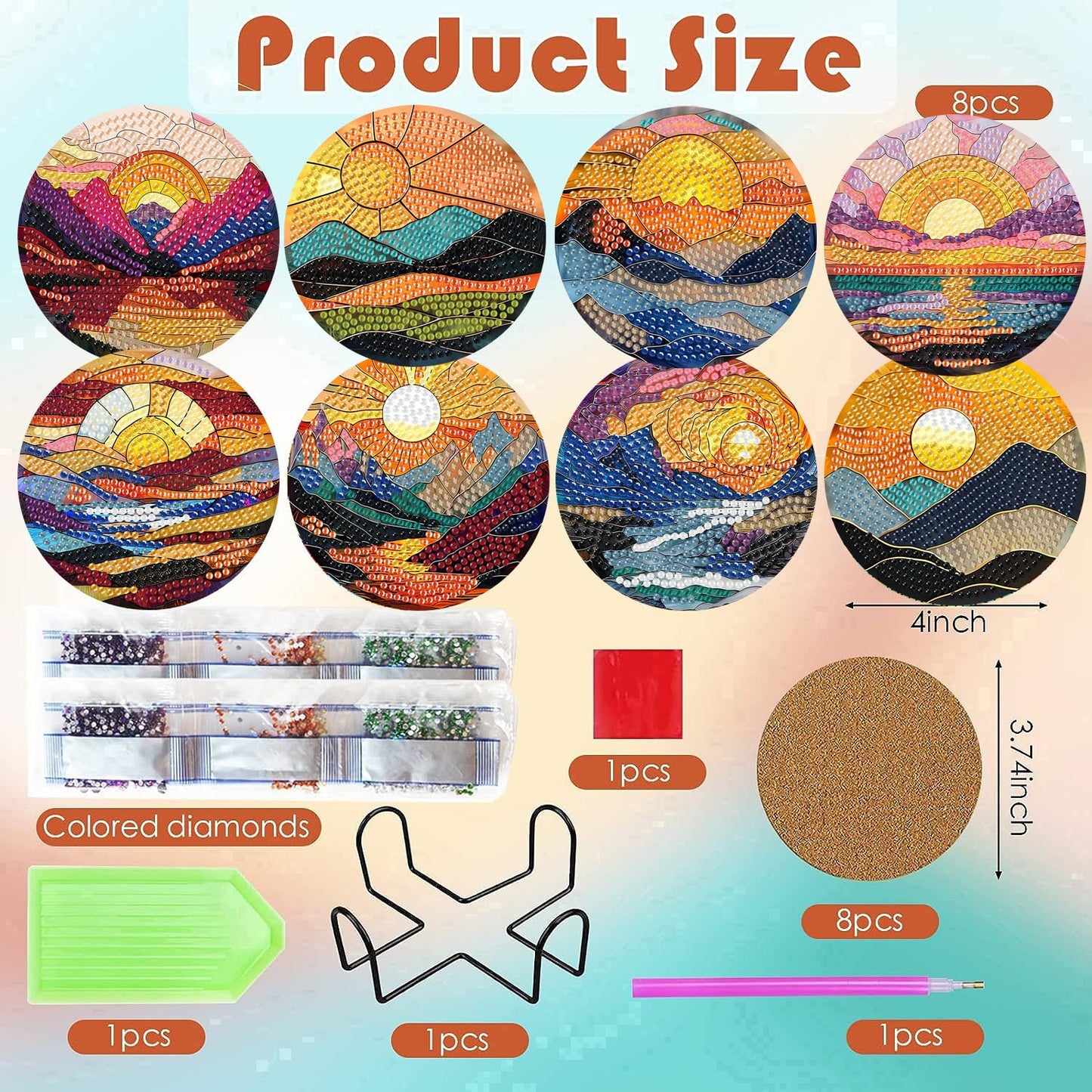 ijbnhd 8 Pcs Sunset Diamond Art Coasters Kits, Sunset Diamond Painting Coasters Kit with Holder, Non Slip Coaster Crafts Kits for Adults Gifts 4x4 inch (Cork Wooden Pad)