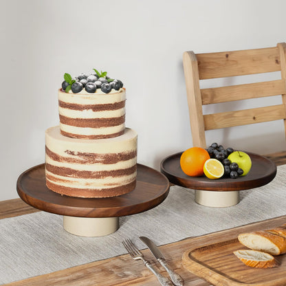 CEEFU 11 inch Rustic Acacia Wood Cake Stand - Natural Wooden Clay Wedding Cake Pedestal Serving Stand for Cupcake Dessert Bites Display in Party, Birthday, Beautiful Farmhouse Kitchen Decor