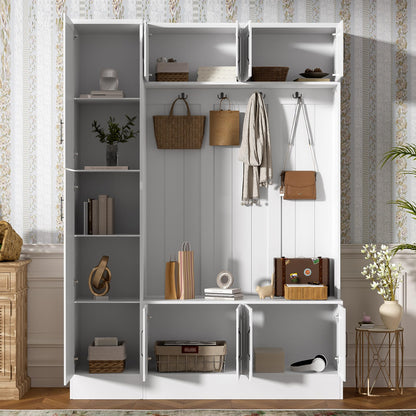 Merax Farmhouse Wood Hall Tree with Shoe Bench & 6 Cabinets, 4-in-1 Coat Rack with 4 Hooks & Adjustable Shelves, Entryway Storage Organizer Cabinet for Entrance, Hallway, Mudroom White