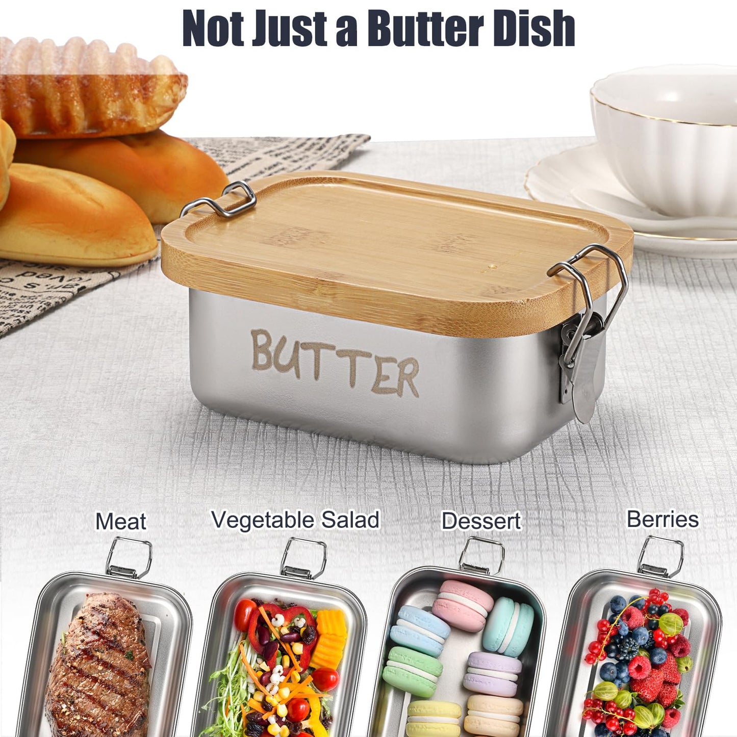 BSTKEY Stainless Steel Butter Dish with Lid for Countertop, Butter Holder with Silicone Sealing for Kitchen, Food Container for Picnic, Unbreakable Butter Keeper, Holds 1 Stick East Coast Butter