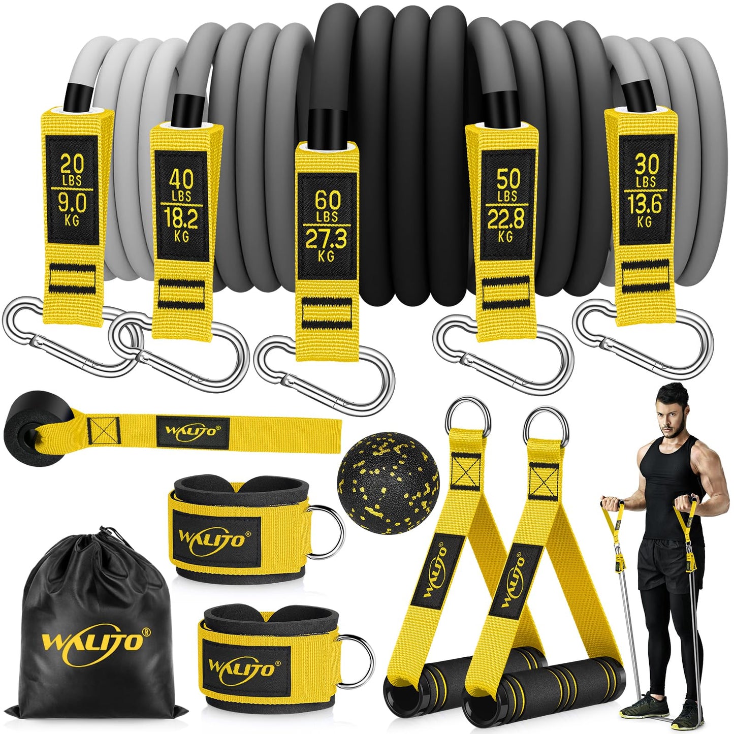 WALITO Resistance Bands Set - Exercise Bands with Handles, Door Anchor, Legs Ankle Straps, for Heavy Resistance Training, Physical Therapy, Muscle Training, Yoga, Home Workouts, Gym