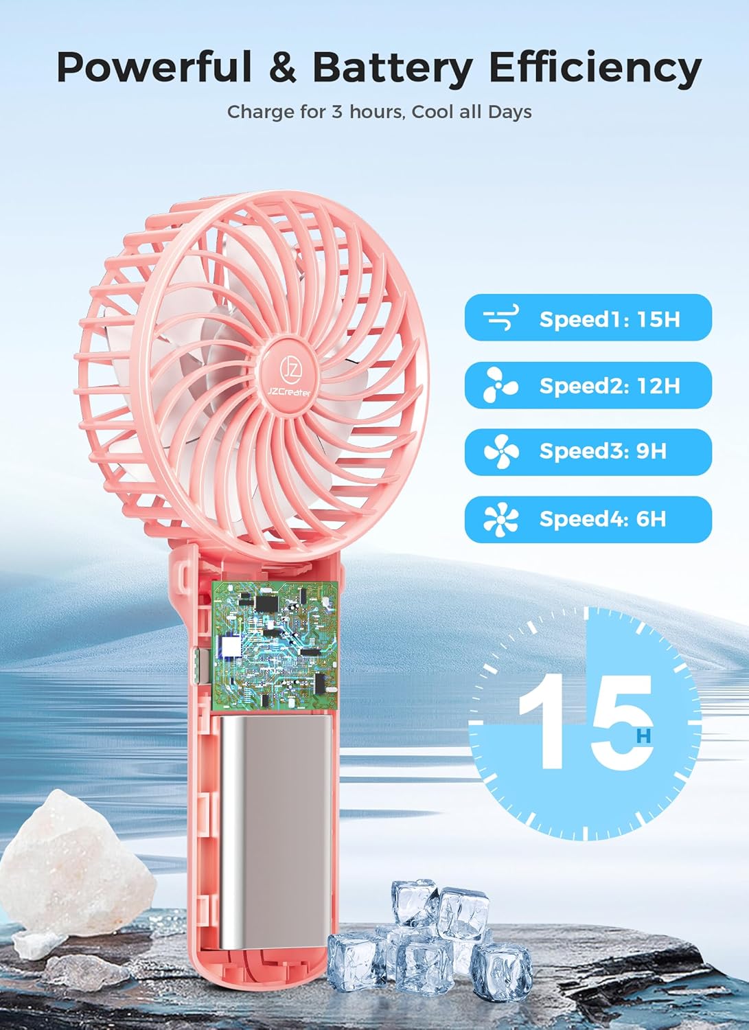 JZCreater Mini Handheld Fan, Portable 15H Cooling Fan, Quiet 4 Speed USB Rechargeable Desk Fan for Travel, Outdoor, Home