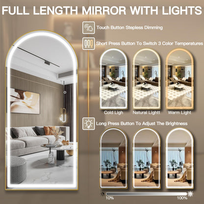 FENNIO 70" x 32" LED Full Body Mirror, Arched Wall Mounted Hanging Mirror with Lights for Bedroom, Salon, 3 Color Lighting, Tempered Glass, Brushed Aluminum Frame
