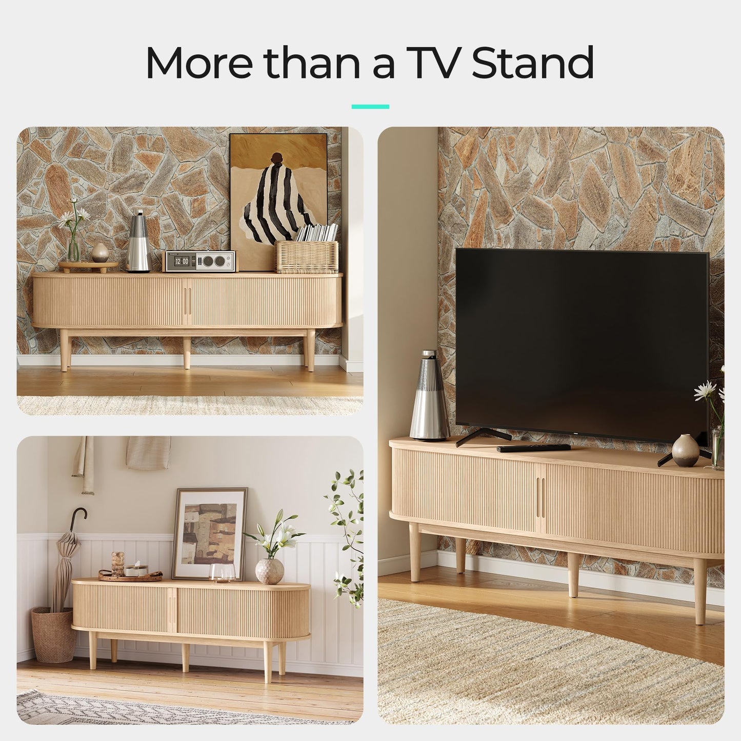 LINSY HOME 70" Fluted TV Stand for TVs up to 80 Inch, Mid Century Modern Entertainment Center with Storage Cabinet and Sliding Doors, Farmhouse Wood Media TV Console for Living Room, Bedroom, Oak