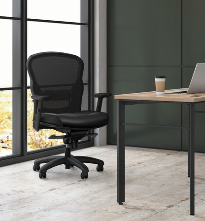 HON Wave High Back Ergonomic Office Chair with Leather Seat and Breathable Mesh Back, Adjustable Arms, Synchro‑Tilt Recline and Swivel Wheels for Desk and Computer Use, Black