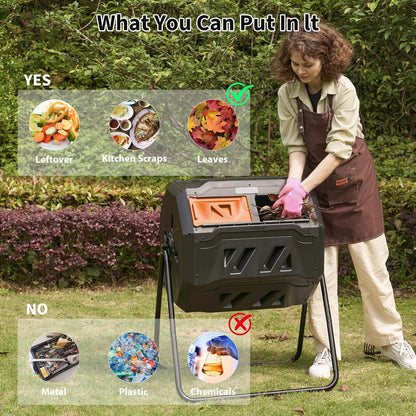 43-Gal Dual Chamber Compost Tumbler Outdoor, 360° Rotating Compost Bin with Steel Frame, Aeration System & 2 Sliding Doors for Kitchen, Garden, Yard - Black Orange