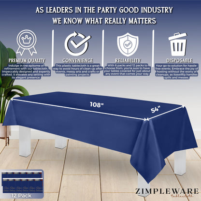 Zimpleware Navy Blue Standard Disposable Plastic Party Tablecloth [12-Pack] 54 x 108” Rectangle Table Cover for Indoor & Outdoor Use by