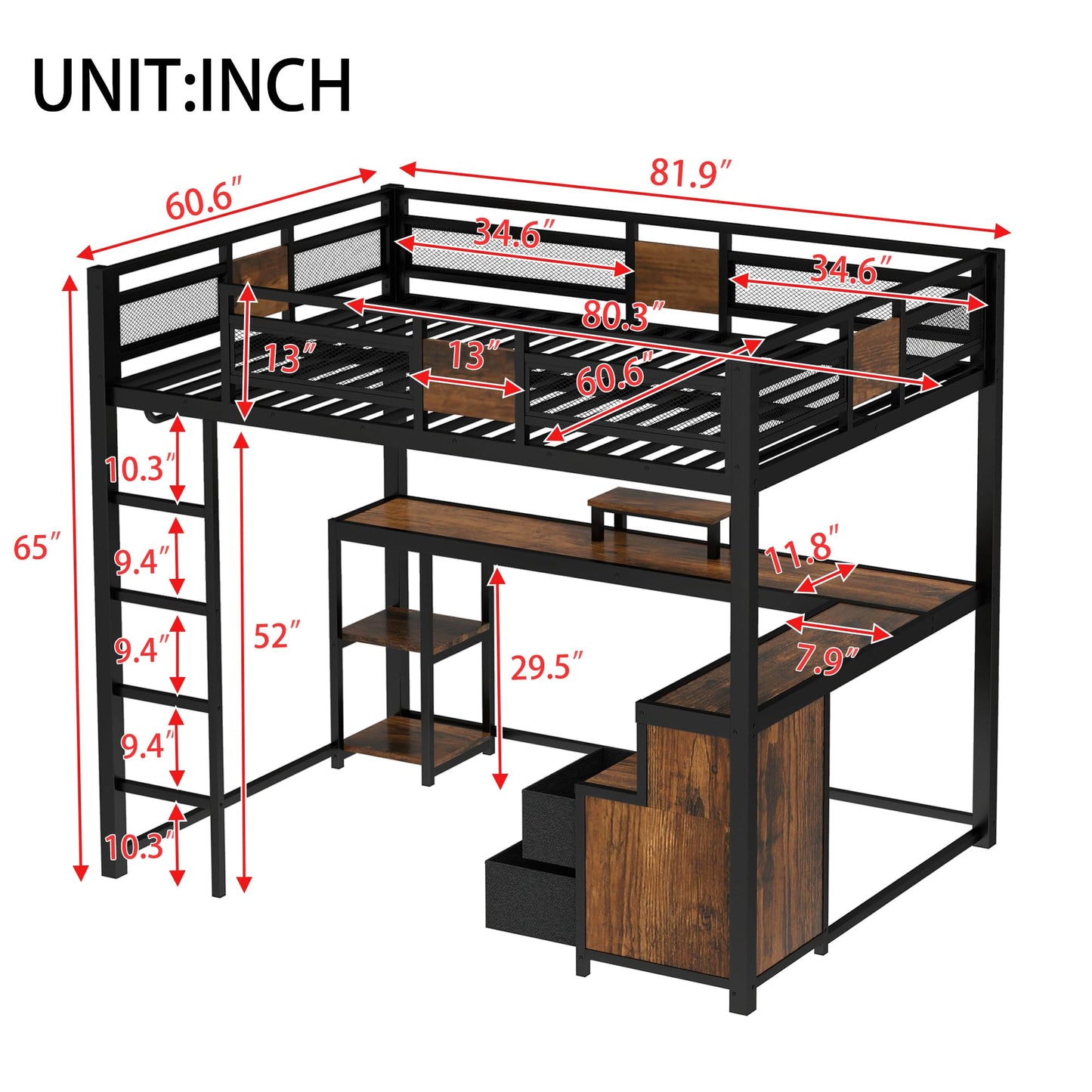 Bellemave Queen Loft Bed with Desk and Fabric Drawer, Metal Queen Size Loft Bed Frame with guardrail and Ladder for Adults, Kids, Teens, Black