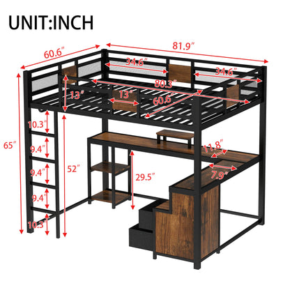 Bellemave Metal Queen Size Loft Bed with Desk and Non-Woven Fabric Drawers,Heavy Duty Loft Bed Frame with Clothes Rack and Storage Shelves for Kids,Teens,Adults, Space Saving,Black