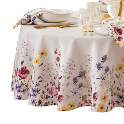 Elrene Home Fashions Poppy Wildflower Botanical Border Fabric Tablecloth, Round, 70 inches X 70 inches