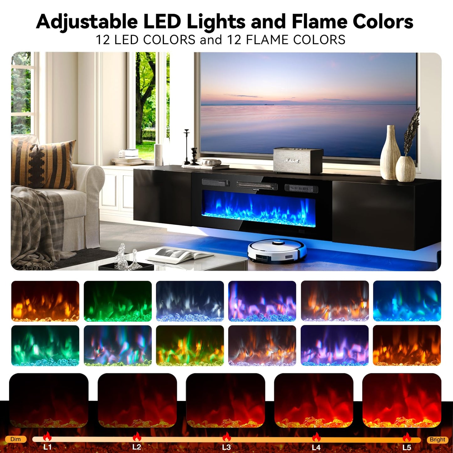 OneBlis 70'' Floating TV Stand with 36" Electric Fireplace, Wall Mounted Entertainment Center with Storage for TVs up to 80", Adjustable 12-Color LED Media TV Console for Living Room,All Black
