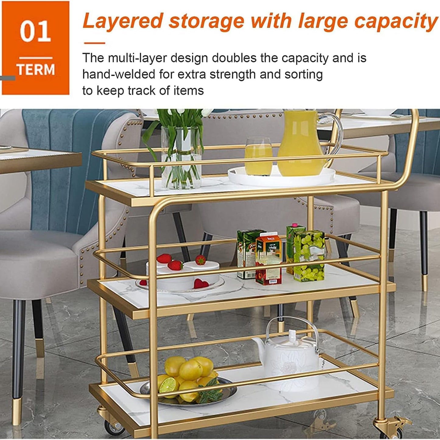 3-Tier Bar Cart with Wheels, Gold Metal Frame with Marble Pattern Shelves, Rolling Serving Trolley with Lockable Casters, Kitchen Living Room Storage Cart, 27x15x34 Inches