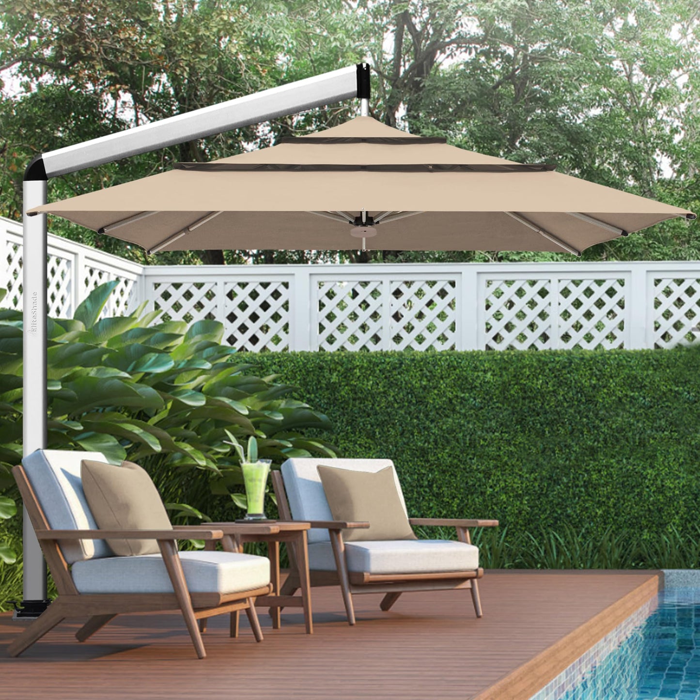 EliteShade USA Atlas 3-Tier 10x10FT Full Aluminum Cantilever Patio Umbrella for Outdoor restaurant Garden Courtyard Deck Pool and Marketing with Light,Heather Beige
