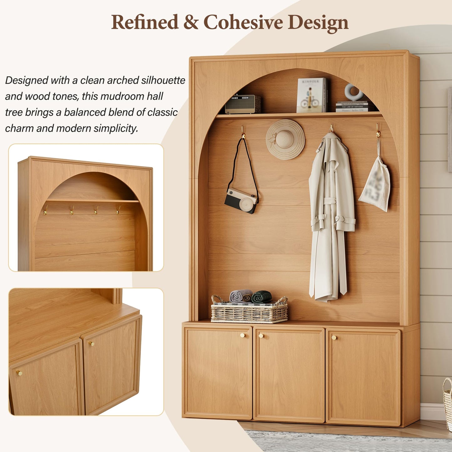 Ball & Cast Farmhouse Hall Tree with Storage Bench, 48.7" Arched Entryway Coat Rack Organizer with 4 Metal Hooks, 3 Cabinets, Adjustable Shelves, Wooden Mudroom Bench for Hallway, Natural