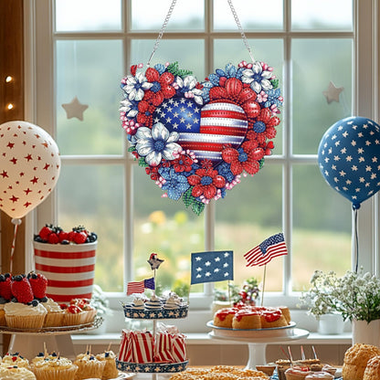 Bowetile 5D Patriotic Diamond Art Hanging Kits for Adults, Diamond Painting Heart Shape Flowers Pendant Kits, Special Shape USA Flag Gem Art Suncatcher Ornament for Home Window Wall Decor