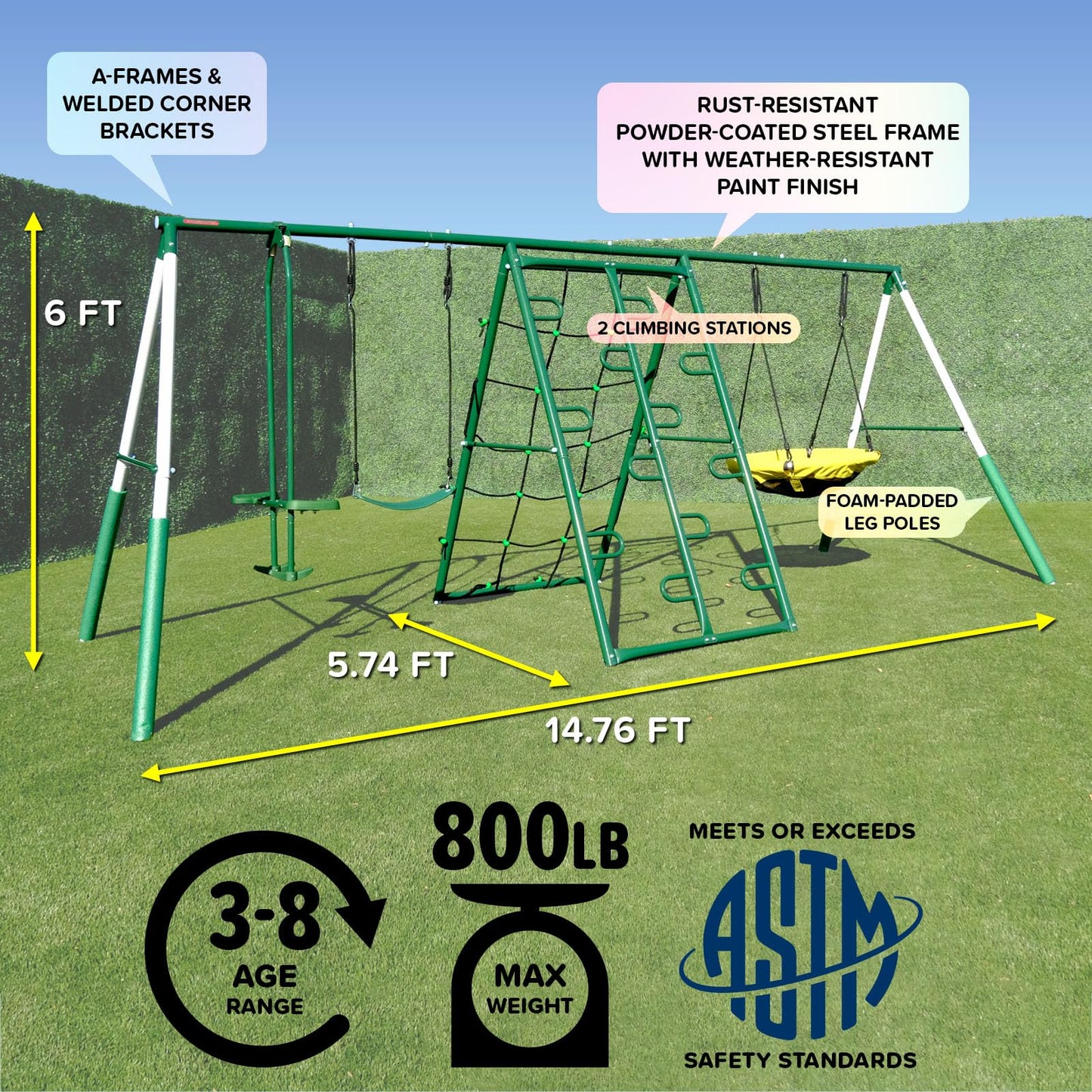 Sportspower Swing Climb and Glide Metal Swing Set 6 in 1: Heavy-Duty A-Frame, Belt Swing, Glider, Saucer, Climbing & Net Ladders (Green)