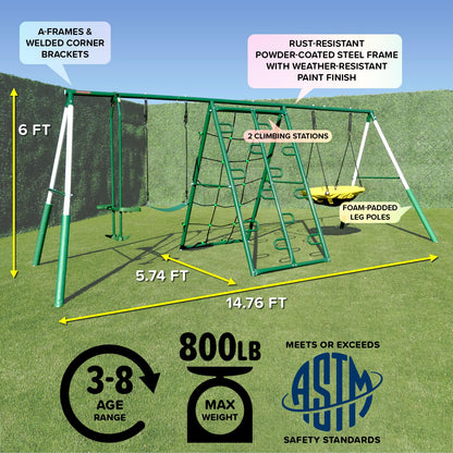 Sportspower Swing Climb and Glide Metal Swing Set 6 in 1: Heavy-Duty A-Frame, Belt Swing, Glider, Saucer, Climbing & Net Ladders (Green)